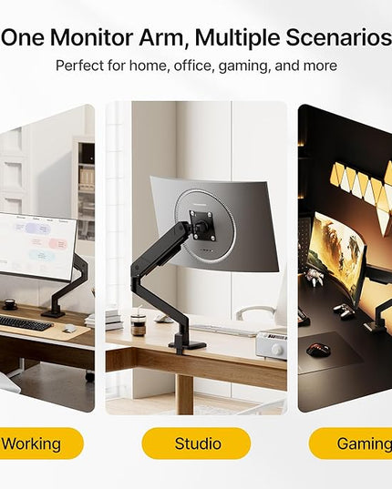 monTEK Single Monitor Arm for Max 45 Inch Ultrawide Screens Adjustable Monitor Desk Mount Holds 35 Lbs Cable Management with Clamp/Grommet Desk Mount, VESA 75/100mm, MA1007BK