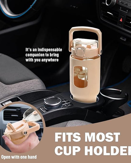 BLUEGO 40oz Glass Tumbler with Lid and Straw, Glass Water Bottles with Handle, Glass Cup with Time Marker and Silicone Sleeve, Fits Most Cup Holder, Leak-proof, Amber