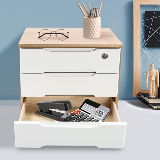 BENTFL 3-Tier Desk Organizer with Lockable Drawers,1 Locks & 2 Keys, Categorized Storage Desktop File Cabinet,Wooden Desktop Storage Box (Wood Color, White)