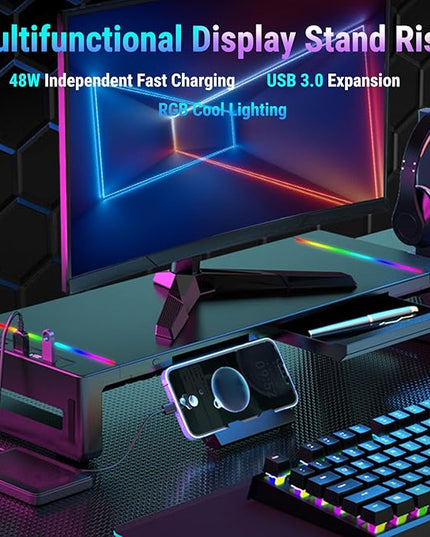 Yunseity Monitor Stand with 4 USB Ports, Height Adjustable Monitor Riser with Phone Charger, USB Ports Hub and Drawer Storage, RGB Lighting Desktop Organizer for Laptop TV Speaker