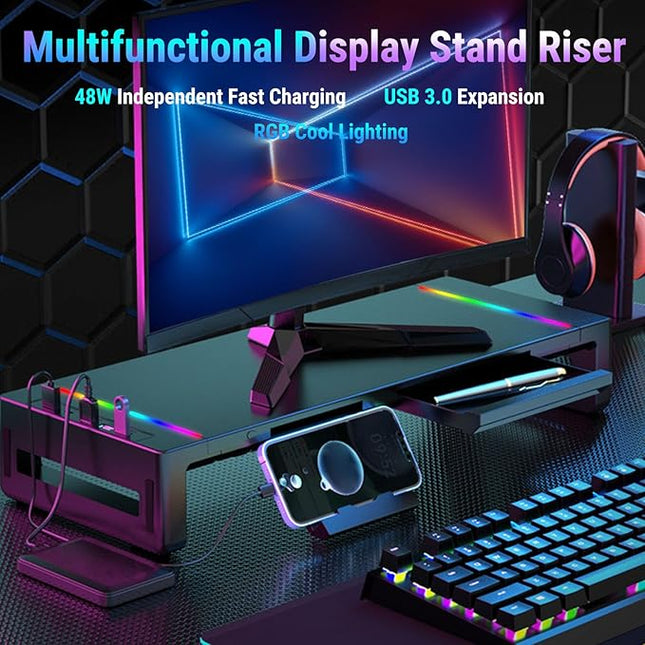 Yunseity Monitor Stand with 4 USB Ports, Height Adjustable Monitor Riser with Phone Charger, USB Ports Hub and Drawer Storage, RGB Lighting Desktop Organizer for Laptop TV Speaker