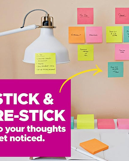 Post-it Super Sticky Notes, Assorted Bright Colors, 3x3 in, 15 Pads, 45 Sheets/Pad, 2X The Sticking Power, Recyclable, Multi-Color (Pack of 6)