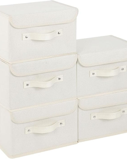 Fabric Storage Bins Cube Organizers with Flip-Top Lid and Handles, Storage Boxes for Organizing Home, Office, and Closet, Beige, 5 Pack 10.2 X 7.9 X 6.7 in