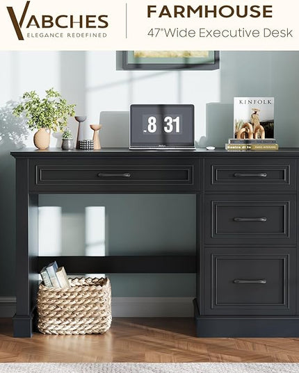 Vabches Farmhouse 47" Executive Desk with File Drawer, Computer Desk with 4 Drawers, Workstation for Study, Home Office, Writing, Pure Black.
