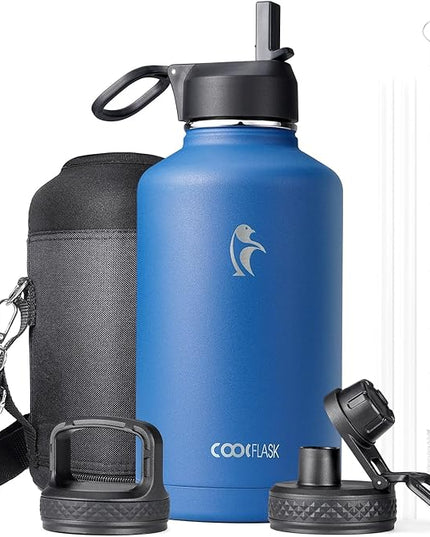 Water Bottle Insulated 64 oz with Straw & 3 Lids, Coolflask Half Gallon Water Jug Large Metal Stainless Steel Wide Mouth for Sports, Gym or Office, Non-BPA Keep Cold 48H Hot 24H, King's Blue