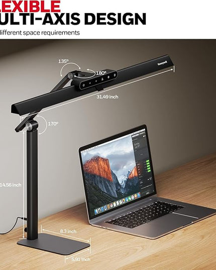 Honeywell LED Desk Lamp with Base - HJ1BK Sunturalux Eye-Caring Architect Desk Lamp for Home Office, 1200LM Computer Desk Light 4 Color Modes Stepless Dimming Task Desk Light with Timer Function Black