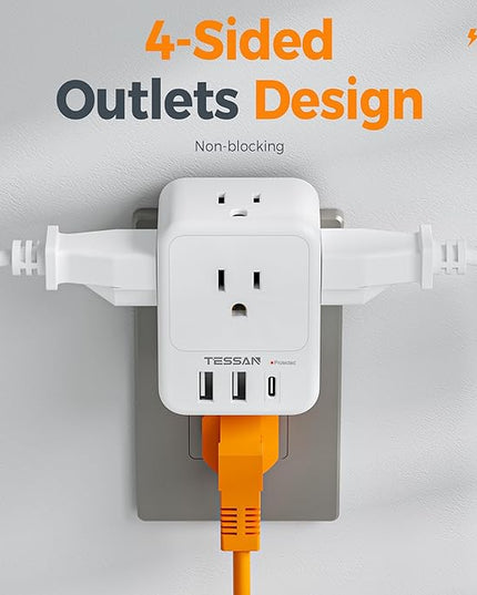 USB Charger Block, TESSAN Outlet Extender Surge Protector with USB C, 4 AC Multi Plug Wall Outlet Splitter 1875W, Electrical Plug Expander for Home Office Dorm Room Essentials, White
