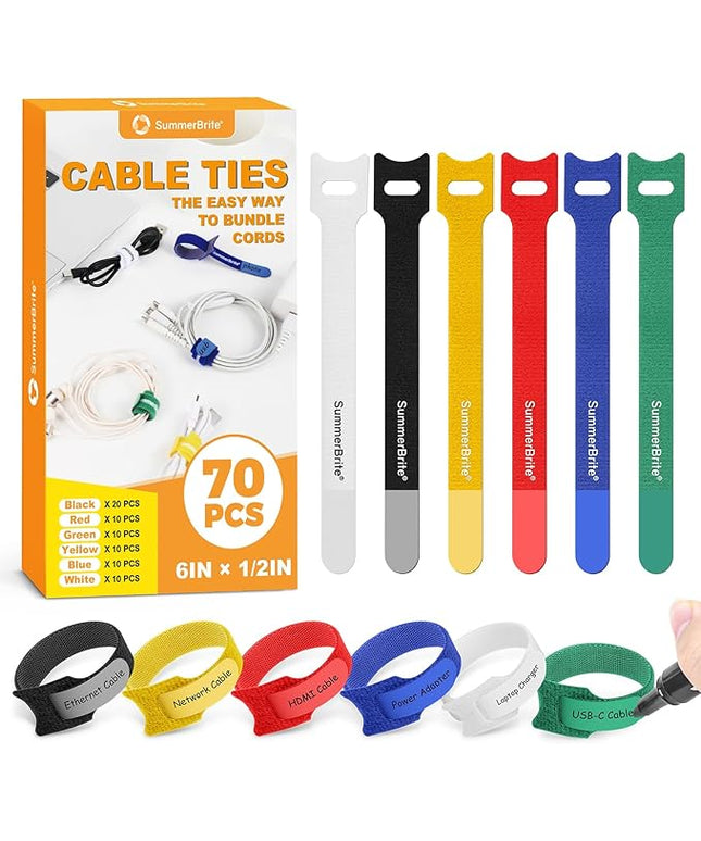 70 Pack Multi-Color Cable Ties 6 Inch with Writable Labels, Reusable Cord Organizer Straps, Hook & Loop Wire Management for Identifying Electronics, Charging Cables, Home Office & PC