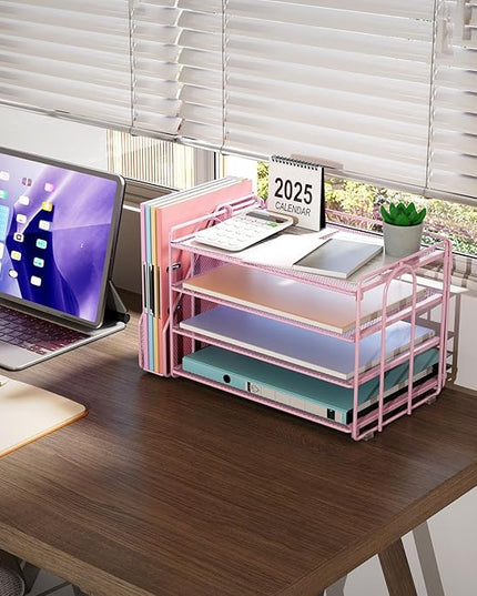 gianotter 4-Tier Paper Organizer With Magazine Holder, Desk Organizers and Accessories, Desk Accessories & Workspace Organizers, File Organizer for Office Supplies Storag (Pink, 4-Tier)