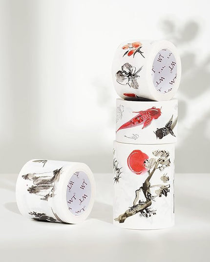 WT Ink Tranquility Washi Tape Sticker Set, 4 Rolls, Original Designs, Eastern Watercolor Koi Fish, Black & Red, Silver Foil Decorative Stickers for Bujo, Planner, Journals, DIY Crafts