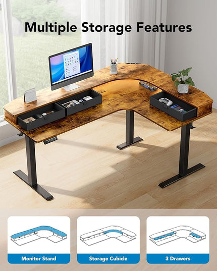 HUANUO 65″ L-Shaped Standing Desk with Power Outlets & LED Strip, Electric Height Adjustable Corner Computer Desk, Sit Stand Up Desk with 3 Drawers, Vintage Brown