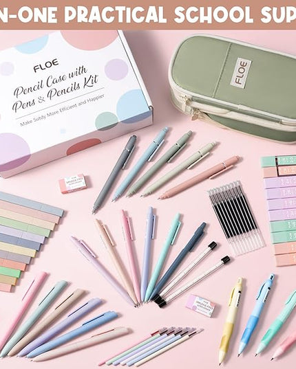 65PCS Aesthetic School Supplies with Cute Pencil Case, Pastel Highlighters Gel Pens Mechanical Pencils Set 0.5 0.7 & 2.0mm, Office Back to School Supplies College Essentials Kit Student Stationary Set
