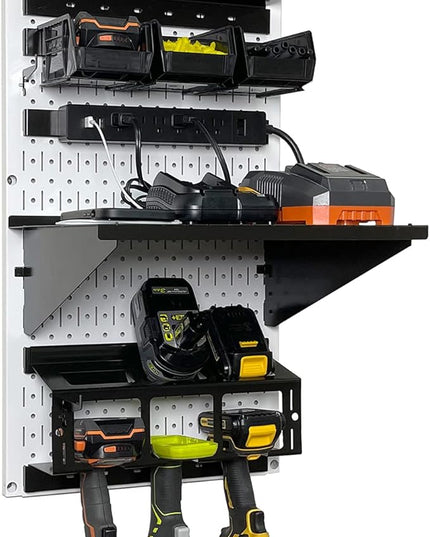 Wall Control Power Tool Storage Organizer Kit Cordless Drill Holder Charging Station Rack 16” x 32” Metal Pegboard Organization System (White Pegboard)