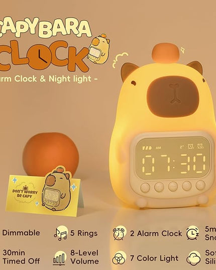 Capybara Alarm Clock with Night Light for Kids, Cute Toddler Alarm Clocks for Bedrooms Ok to Wake Clocks for Girls and Boys, Silicone Animal Tabletop Lamp for Kid, RGB Color