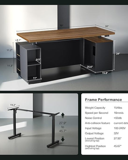 71" Standing Desk with 2 File Cabinet, AC/USB, 1.18" Desktop, L Shaped Height Adjustable Desk, Electric Furniture Set with Multiple Functions for Home and Office, Black Walnut