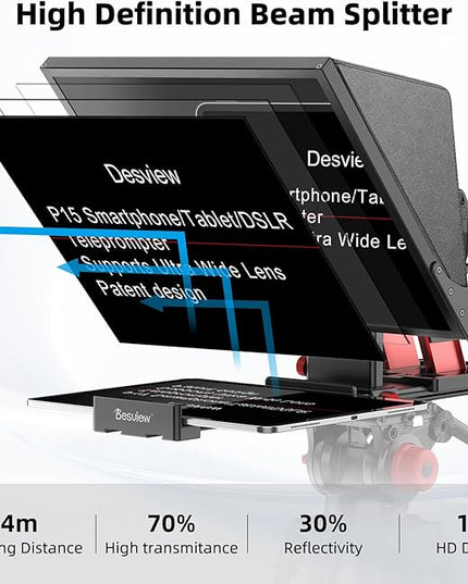 Desview P15 Teleprompter，15 inch Aluminum Alloy Liftable Teleprompter, High Display Glass, Compatible with iPad Tablet Phone DSLR Camera, No Assembly, Carry Case Included, Great for Video Making