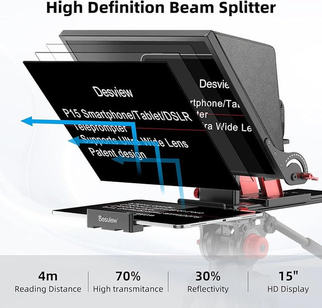 Desview P15 Teleprompter，15 inch Aluminum Alloy Liftable Teleprompter, High Display Glass, Compatible with iPad Tablet Phone DSLR Camera, No Assembly, Carry Case Included, Great for Video Making