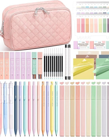 62PCS Aesthetic School Supplies with Cute Pencil Case, Pastel Highlighters Black Ink Gel Pens Mechanical Pencils Kit, Back to School Supplies College Essentials Preppy Stationary Set for Student Girls