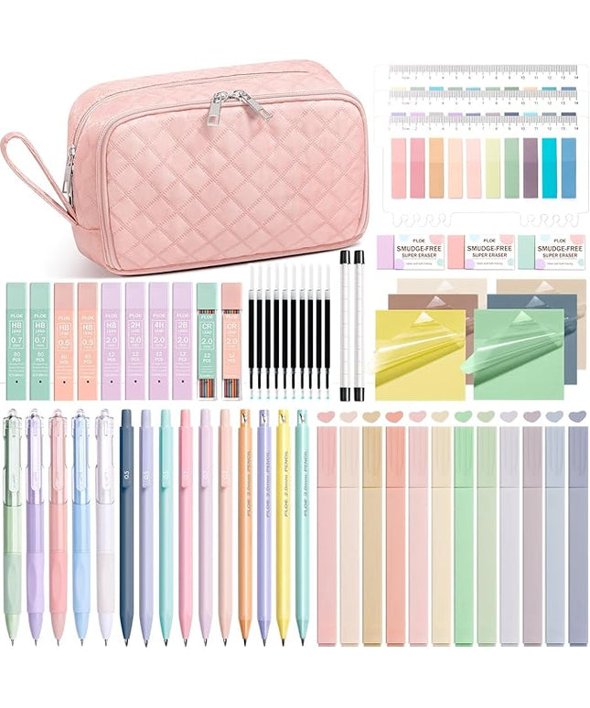 62PCS Aesthetic School Supplies with Cute Pencil Case, Pastel Highlighters Black Ink Gel Pens Mechanical Pencils Kit, Back to School Supplies College Essentials Preppy Stationary Set for Student Girls