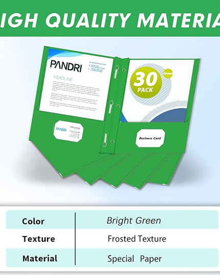 Two Pocket Folders, PANDRI 30 Pack Two Pocket Folders with Prongs, 3 Prong Folders Designed for Office and Classroom, Letter Size Green