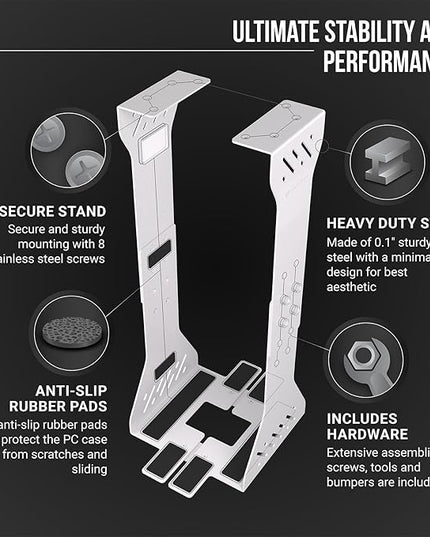 Heavy Duty Under Desk PC Holder – Up to 77 lbs Load Capacity - Adjustable Computer Tower Holder - Under Desk Computer Mount (White)