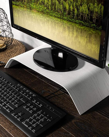 kalibri Wood Monitor Stand Riser - Computer Desk Holder Desktop Dock Wooden Mount Display for PC TV Screen Notebook Laptop - Oak with White Stain