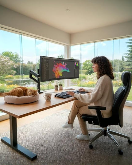 ARES WING Heavy Duty Monitor Arm with USB A/C, Tall Ultrawide Monitor Arm for 17 to 49 Inch Screen, Holds 44 Lbs, Adjustable Gas Spring Desk Mount, Black