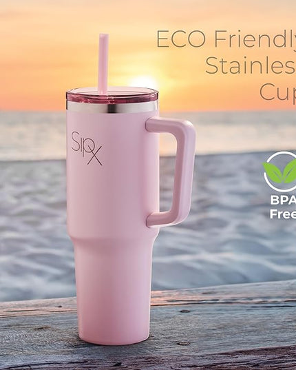 SIPX™ 40 oz Insulated Tumbler with Handle & Straw – Vacuum Insulated Stainless Steel, Leakproof, Cupholder Friendly – Perfect for Iced Coffee, Water & Travel – Pink