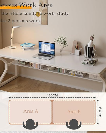 Extra Long Desk with Bookshelf - 71" Double Long Writing Table for 2-Person Workstation, Modern Study Work Computer Desk for Home and Office, Warm White