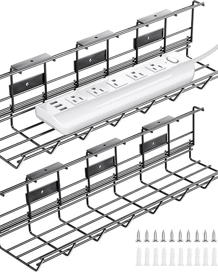 2 Pack DELAMU Under Desk Cable Management Tray, Metal Cord Cable Organizer for Desk, Easy Install Pre-drilled Wire Management Wire Organizer for Office & Home
