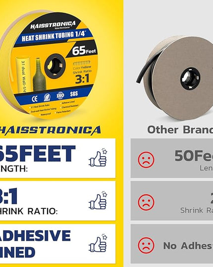 haisstronica 3:1 Heat Shrink Tubing, Shrink Ratio Adhesive Lined Marine Grade Heat Shrink Tube for Home, Automotive and Industrial (Yellow) 65FT 1/4inch