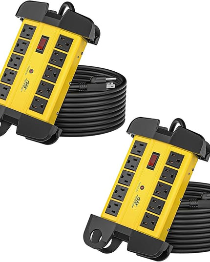 CRST 10-Outlets Heavy Duty Power Strip Metal Surge Protector with 15 Amps, 15-Foot Long Cord 2800 Joules for Garden, Kitchen, Office, School, ETL Listed(2-Pack)