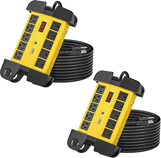CRST 10-Outlets Heavy Duty Power Strip Metal Surge Protector with 15 Amps, 15-Foot Long Cord 2800 Joules for Garden, Kitchen, Office, School, ETL Listed(2-Pack)