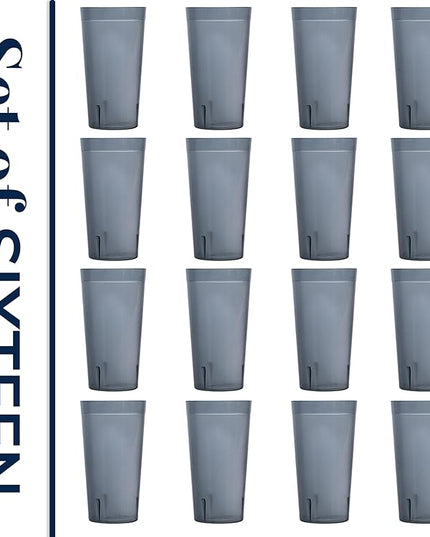 US Acrylic Cafe Plastic Reusable Tumblers (Set of 16) 20-ounce Water Cups in Grey | Value Set of Restaurant Style Drinking Glasses, Stackable, BPA-free, Made in the USA | Top-rack Dishwasher Safe