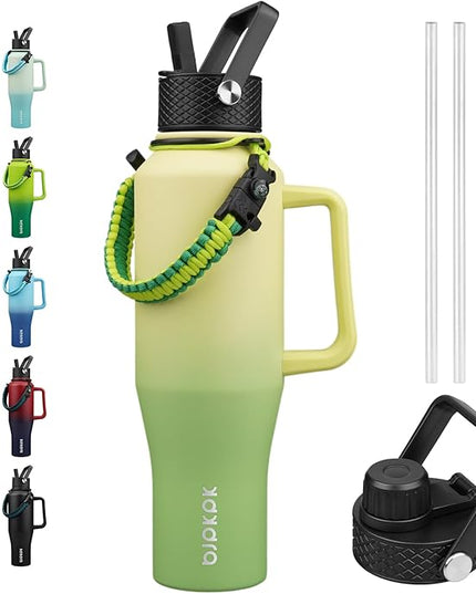 BJPKPK Insulated Water Bottles with Straw Lid, 40oz Metal Water Bottle with 2 lids & Paracord Strap, Double Wall Stainless Steel Tumbler with Handle, Reusable Cups, Mugs, Thermo, Fresh Green