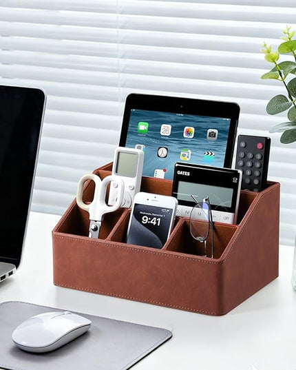 Cretkhp Remote Control Holder with 5 Compartments for Office Art Supplies, PU Leather Nightstand Organizer Pencil Pen Desk Caddy for Home, Desktop TV Remote Control Organizer Storage (Brown)