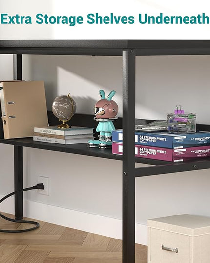 Reversible L Shaped Computer Desk with Power Outlets and USB Charging Ports, Sturdy Corner Desk with Storage Shelf, Modern Work Gaming Table for Home Office, Easy to Assemble, Black