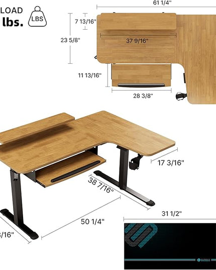 EUREKA ERGONOMIC L Shaped Standing Desk w Solid Wood Tabletop,61" Electric Corner Computer Desk, Adjustable Height Desk w Keyboard Tray,Dual Motor,LED Monitor Stand,Right/Oak