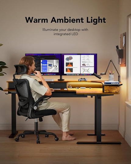HUANUO 65″ L-Shaped Standing Desk with Power Outlets & LED Strip, Electric Height Adjustable Corner Computer Desk, Sit Stand Up Desk with 3 Drawers, Vintage Brown