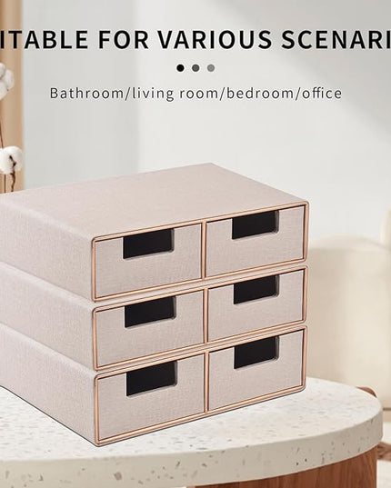 RHCSZ Linen Leather Desk Organizer with Drawers－Mini Desktop Drawer Organizer Stackable－Multifunctional Tabletop Organization Storage Box for Office Supplies Home Vanity Toiletries (Beige, 2-drawers)