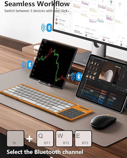 Nillkin Foldable Bluetooth Keyboard with Touchpad & Number Pad, Portable Bluetooth Keyboard with Full Size Keys, Pocket-Sized Wireless Travel Keyboards for iPad, Smartphone, Tablet and Laptop Orange