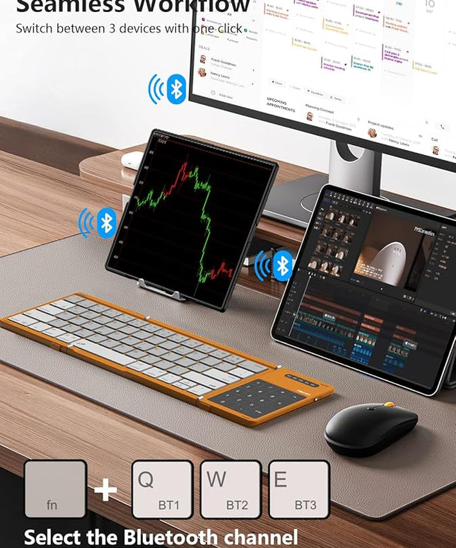 Nillkin Foldable Bluetooth Keyboard with Touchpad & Number Pad, Portable Bluetooth Keyboard with Full Size Keys, Pocket-Sized Wireless Travel Keyboards for iPad, Smartphone, Tablet and Laptop Orange