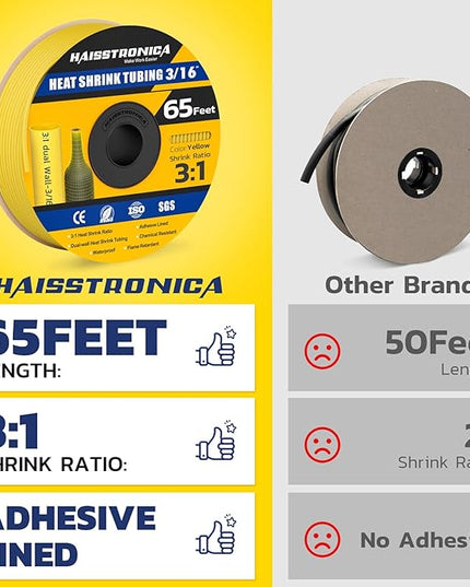 haisstronica 3:1 Heat Shrink Tubing, Shrink Ratio Adhesive Lined Marine Grade Heat Shrink Tube for Home, Automotive and Industrial (Yellow) 65FT 3/16inch