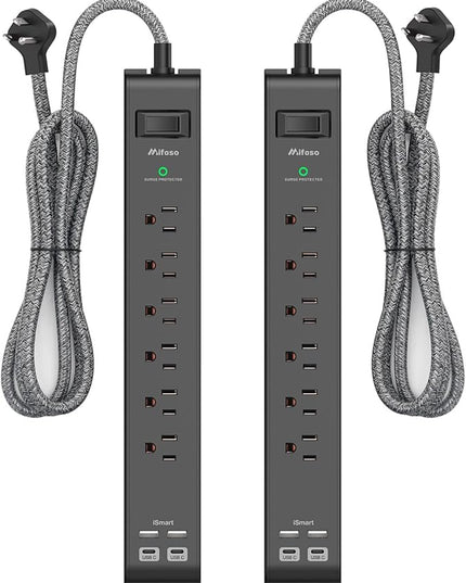 2 Pack Surge Protector Power Strip - 6 Outlets 4 USB Charging Ports, 5Ft Braided Extension Cord, Slim Flat Plug, Overload Protection, Wall Mount for Home Office, Dorm Room Essentials