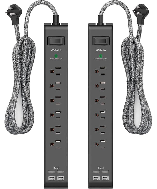 2 Pack Surge Protector Power Strip, 6 Outlets 4 USB Charging Ports, 12Ft Braided Extension Cord, Slim Flat Plug, Wall Mount, Desk Accessories, Home Office Essentials