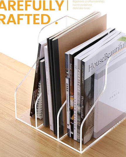 Desk File Organizer, Acrylic Magazine File Holder with 3 Vertical Compartments Rack File Sorter for Office Home Classroom Desk Organization, Clear…