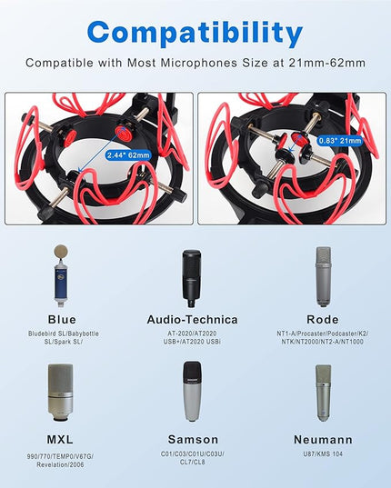Microphone Shock Mount with Pop Filter Universal Shock Stand for Microphones Size at 21-62mm Anti-Vibration Mic Holder Clip Compatible with AT2020 MXL 990 770 Rode NT1-A Neumann 103(Red)