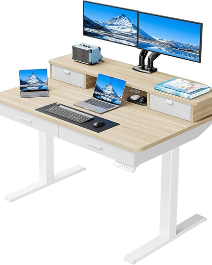 HUANUO 48 x 30 inch Electric Standing Desk with 4 Drawers, Adjustable Height Sit Stand Home Office Desk with Two Tiers, Ergonomic Adjustable Stand up Desk C-Clamp Monitor Mount Compatible, Natural