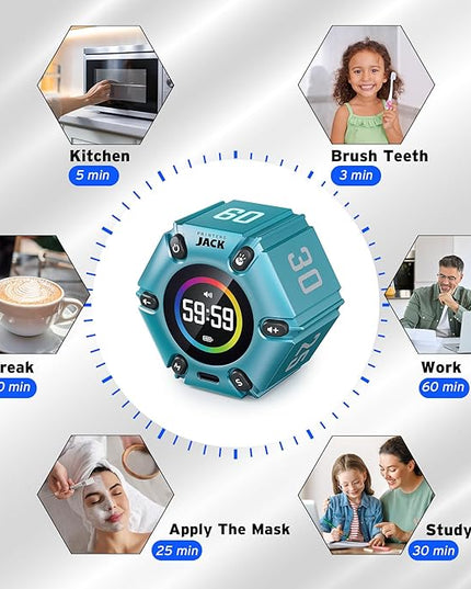 Pomodoro Timer, Magnetic Visual Timer with Flip Countdown, Silent & Alarm, Tools for Anyone, Cube Digital Timer for for Work, Kitchen Cooking, Study, 3/5/10/25/30/60min & Custom Countdown - Turquoise