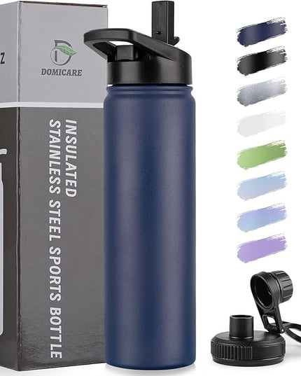 DOMICARE Insulated Water Bottle, 22 oz Vacuum Insulated Stainless Steel Reusable Sports Bottle with Straw Lid & Spout Lid for Travel, Camping, Bike, Leakproof, Navy Blue, 1 Pack